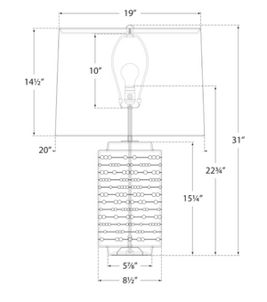 A diagram displaying the overall dimensions of the Visual Comfort Darina Large Table Lamp, Pebbled Blue, including details such as finish and socket.