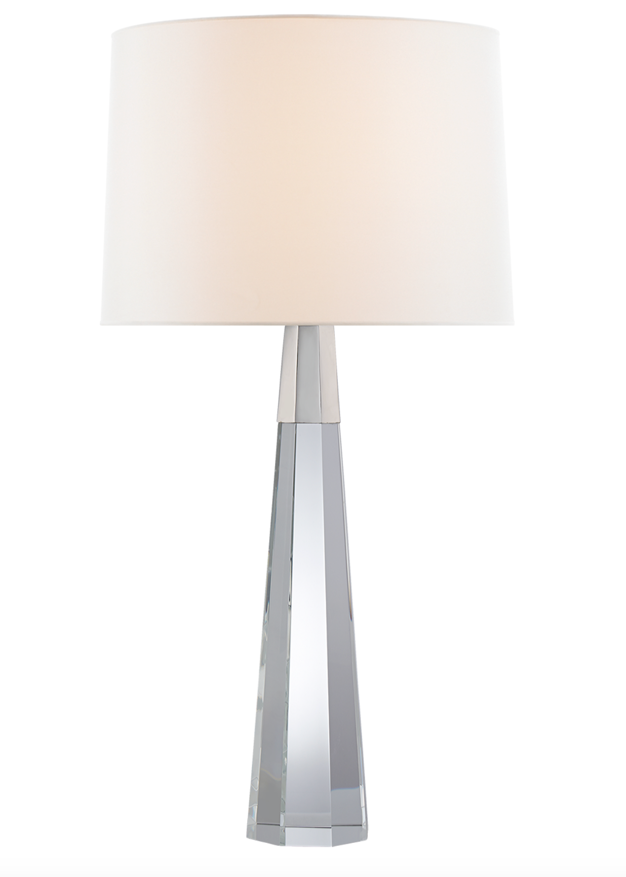 A Visual Comfort Olsen Table Lamp, Crystal and Polished Nickel, with a white shade featuring a polished nickel base.