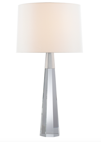 A Visual Comfort Olsen Table Lamp, Crystal and Polished Nickel, with a white shade featuring a polished nickel base.