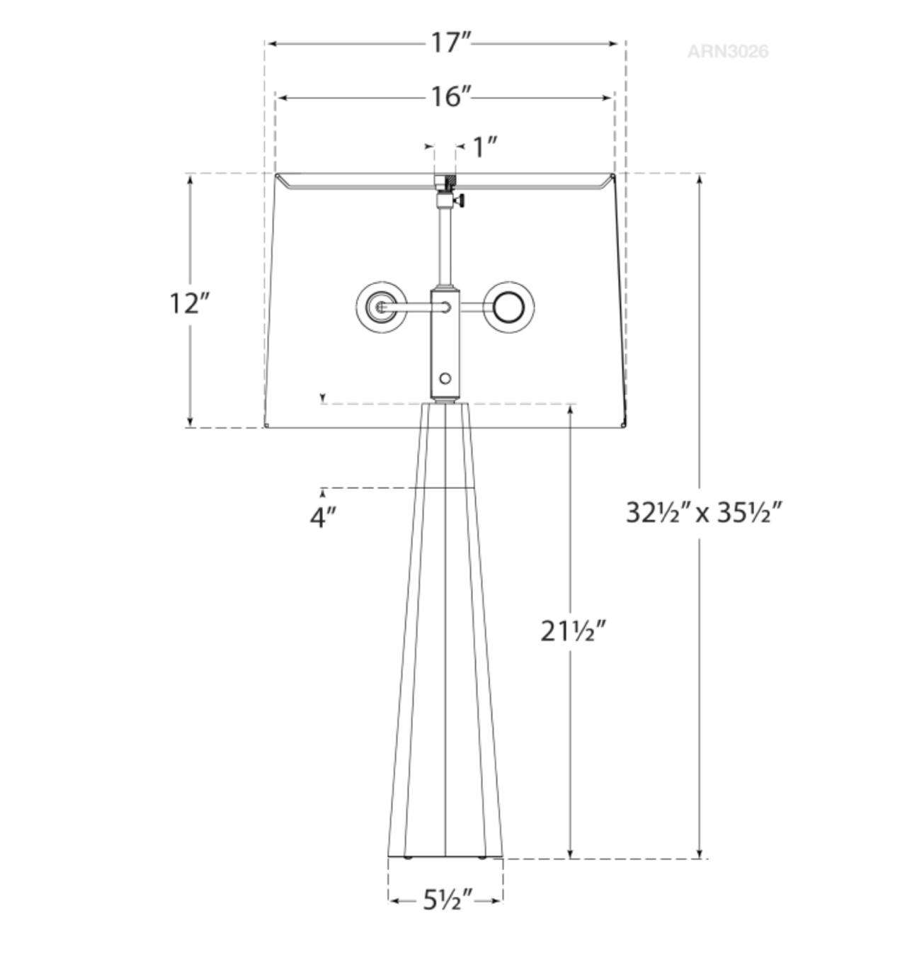 A drawing of a Visual Comfort Olsen Table Lamp, Crystal and Polished Nickel with polished nickel accents.