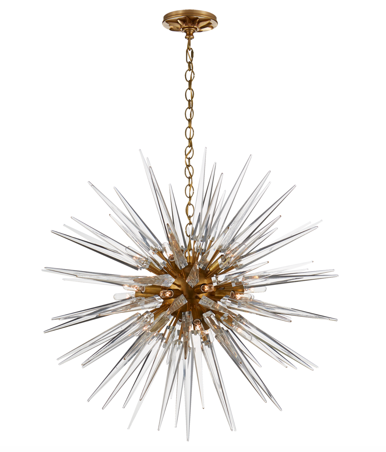 Quincy Medium Sputnik Chandelier by Visual Comfort with slender rods radiating from a central sphere, suspended from a chain and featuring E12 Candelabra sockets.