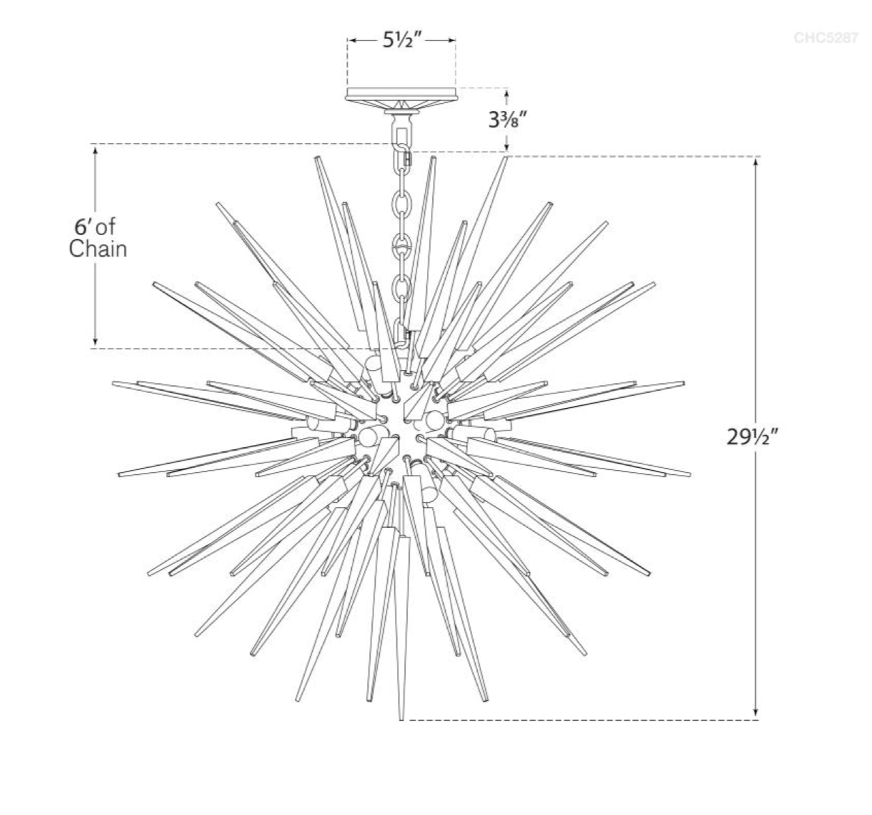 Technical drawing of a Quincy Medium Sputnik Chandelier by Visual Comfort with dimensions, featuring numerous rods protruding from a central sphere and a chain for hanging.