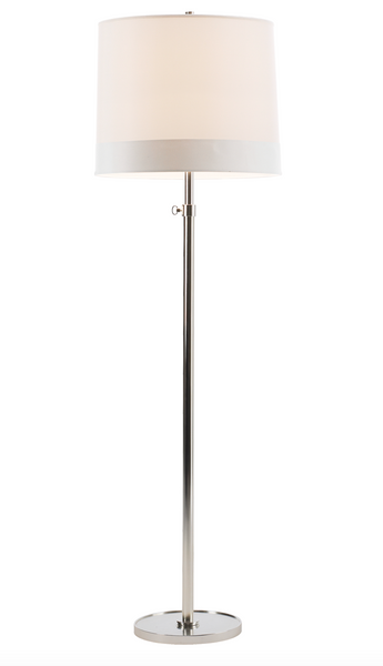 A Visual Comfort Simple Floor Lamp with a white shade, featuring a 150 Wattage and E26 Dimmer socket.