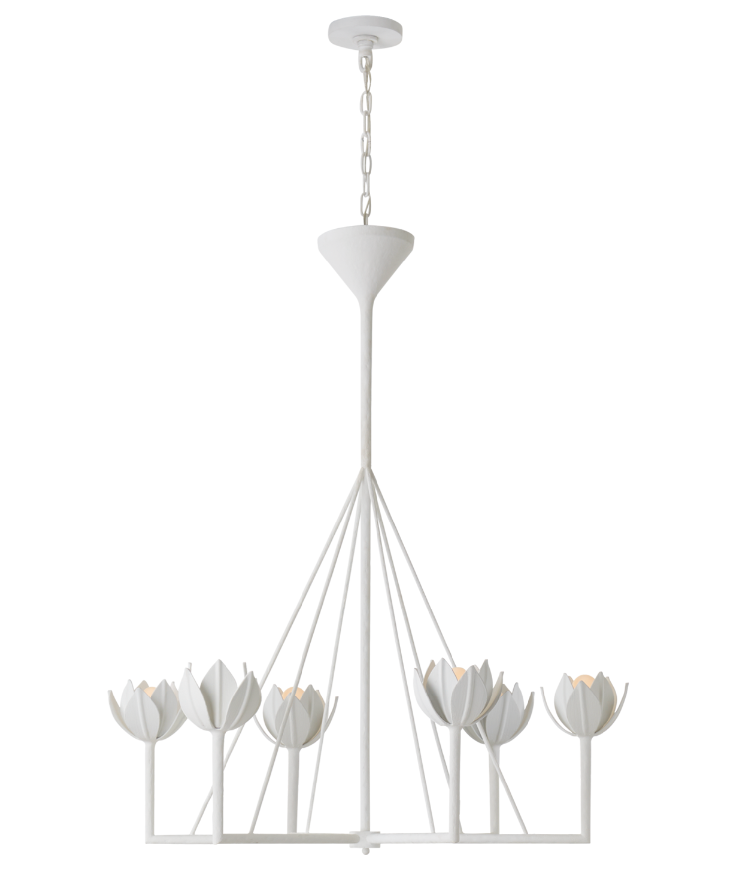 A Visual Comfort Alberto Large Single Tier Chandelier in Plaster White adorned with delicate white flowers, featuring a canopy.