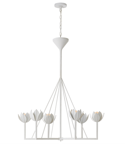 A Visual Comfort Alberto Large Single Tier Chandelier in Plaster White adorned with delicate white flowers, featuring a canopy.