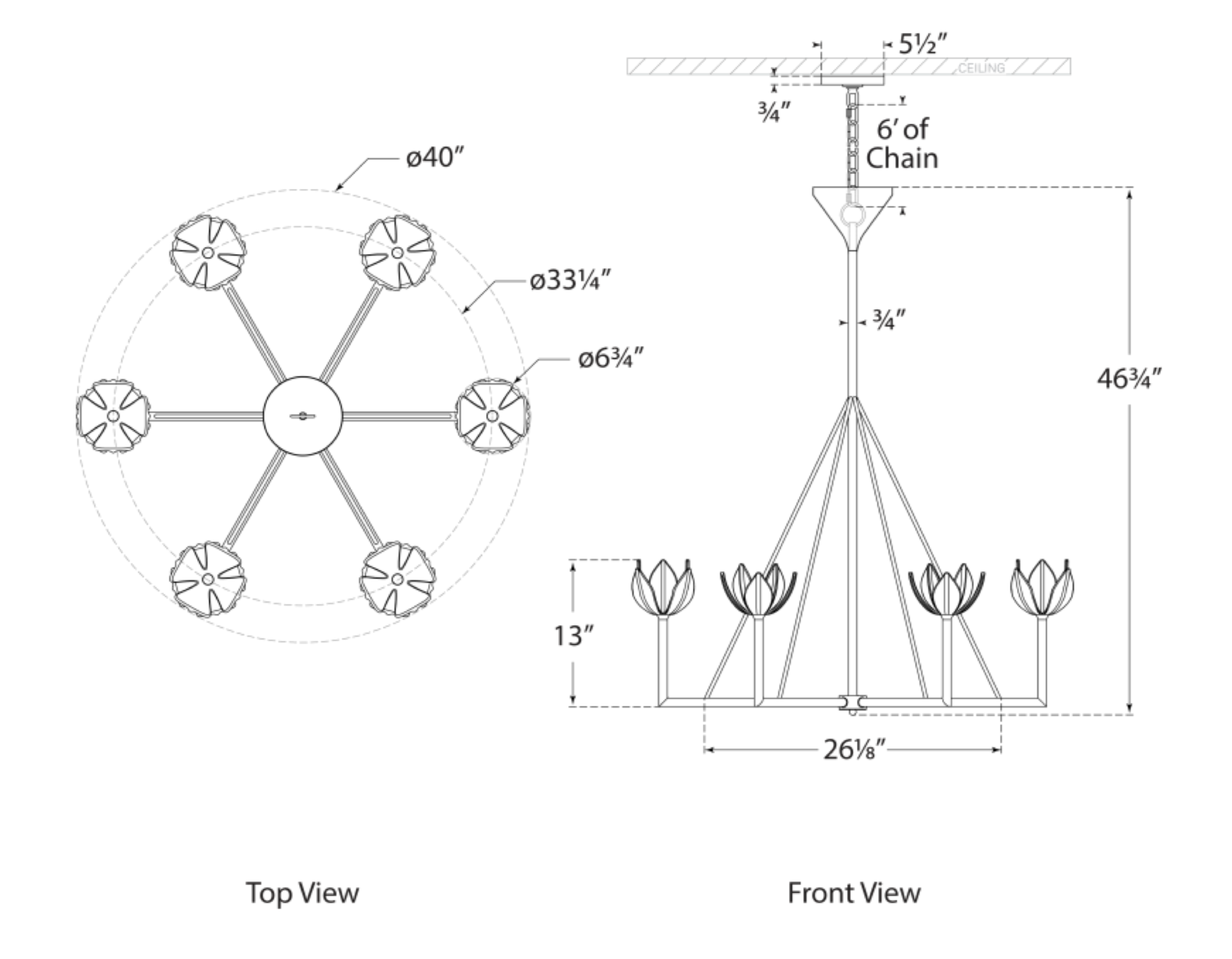 An overall dimensions diagram of a Visual Comfort Alberto Large Single Tier Chandelier in Plaster White.