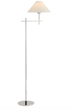 A Visual Comfort Hackney Bridge Arm Floor Lamp in Polished Nickel finish with a white shade.