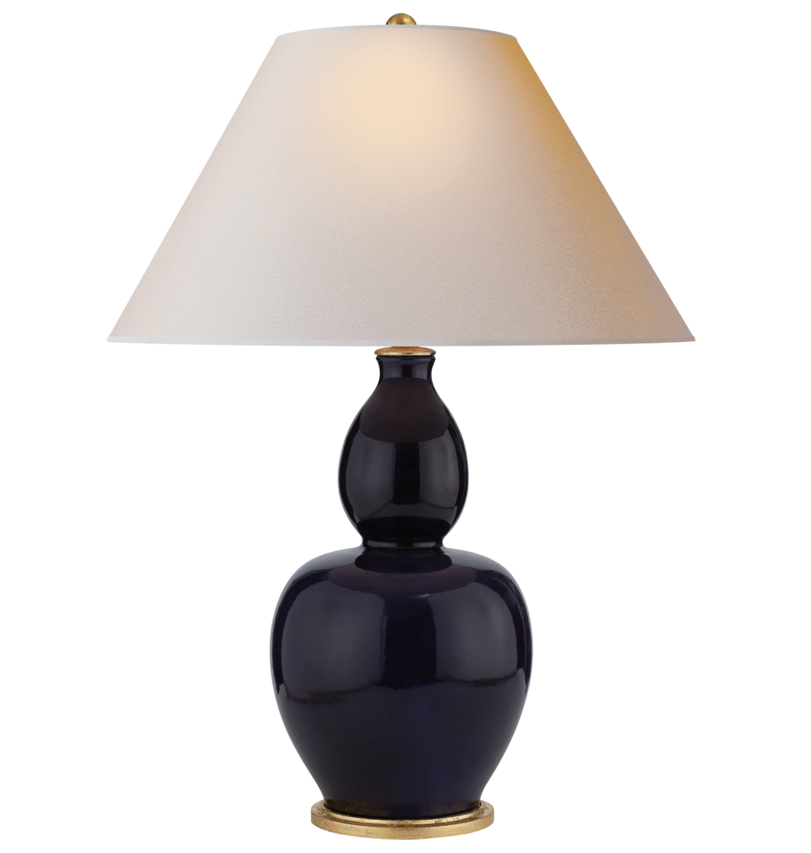 The Yue Double Gourd Table Lamp by Visual Comfort features a denim porcelain base, a white conical shade, and a gold-colored base. It's compatible with an E26 dimmer for adjustable lighting.