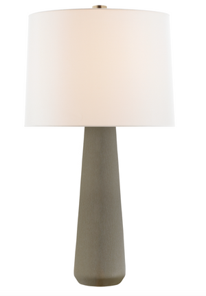 The Athens Large Table Lamp by Visual Comfort features a shellish gray rectangular base, a white cylindrical shade, and an E26 dimmer compatible with bulbs up to 100W.