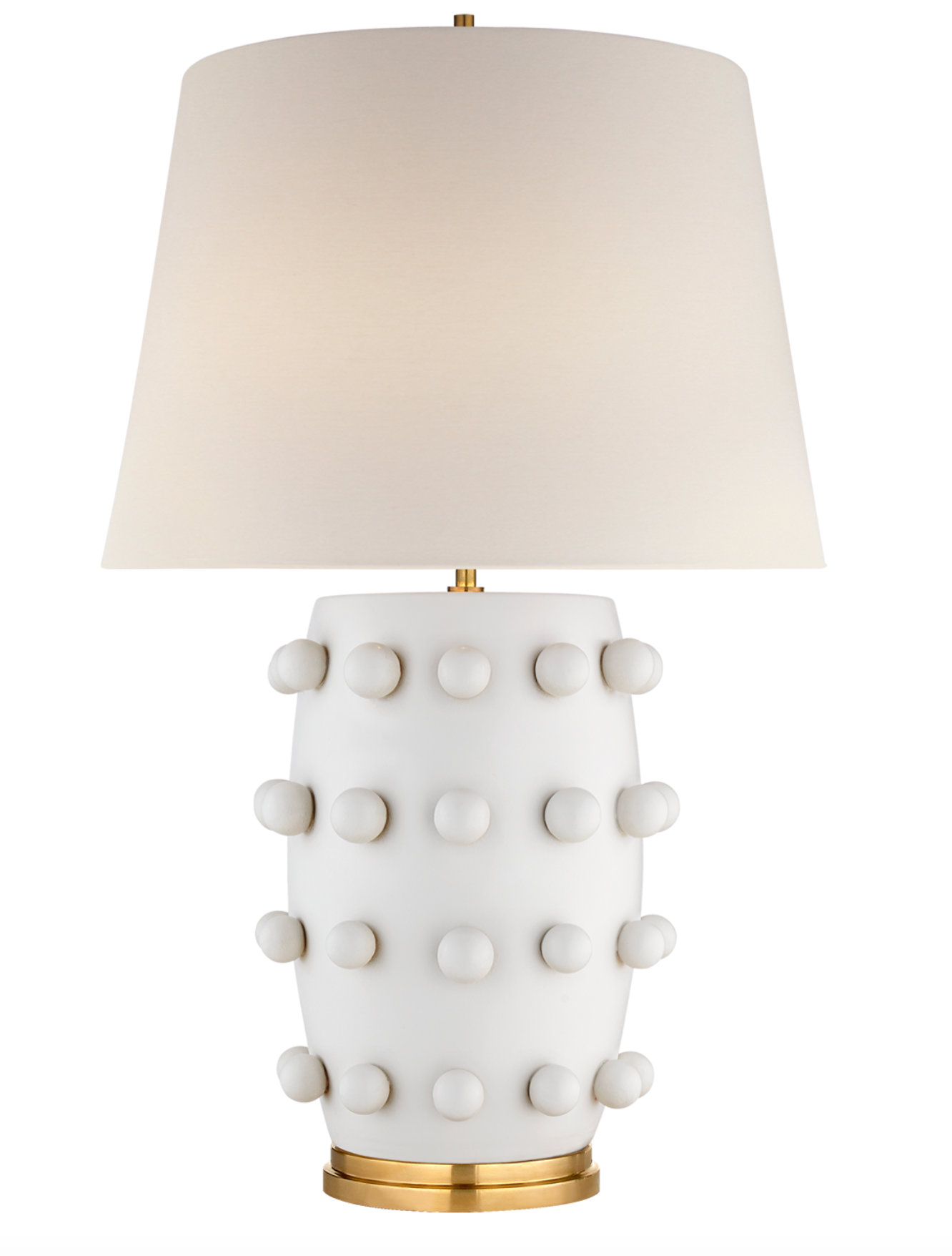 A Linden Medium Table Lamp, Plaster White with a gold shade, measuring 26.5" H X 17" W, by Visual Comfort.