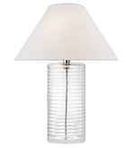 The Visual Comfort Metropolis Table Lamp features a clear soda glass ribbed base and wide white conical shade. It supports up to 100W bulbs, is E26 dimmer-compatible, and allows for customizable lighting.