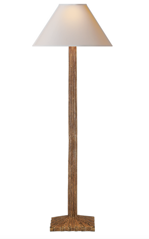 The Strie Buffet Lamp in Gilded Iron by Visual Comfort features a textured brown base, metallic bodice, and white cone-shaped shade, offering contemporary flair as shown against a plain white background.