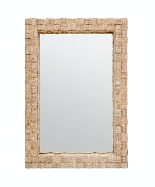 An oversized Made Goods Basket Weave Abaca Mirror with a wooden frame.