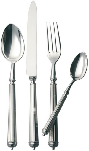 The Alain Saint Joanis Lignes 5 Piece Flatware Set in silver plate displays quality craftsmanship, with each utensil elegantly arranged side by side on a white background.