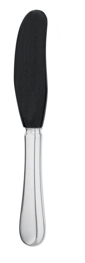 An Ercuis Horn and Silver Plated Caviar Spoon, featuring a rounded black horn bowl and reflective silver-plated handle, 6.6 in long, displayed against a white background.