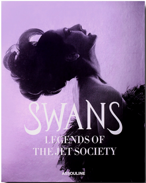 Assouline's book, "Swans: Legends of the Jet Society," features a cover with a glamorous woman's silhouette against a purple background.