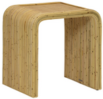 The Yosemite Falls Side Table by Selamat features a graceful curved design with a woven cane top and vertical slat legs.