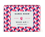A boxed guessing game titled "Guessing Game, Who Am I?" from Chronicle Books. The box features a geometric pink, white, and blue pattern. Dive into the fun with mystery characters and question cards that keep everyone guessing!