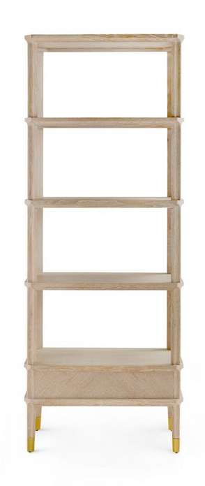 Replace with: A tall, narrow Bertram Etagere bookshelf by Bungalow5, with five open shelves, featuring a Cerused Oak finish and brass-capped feet.