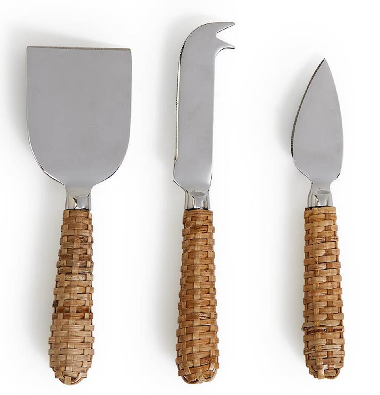 The Wicker Weave Cheese Knives Set by Two's Company features three cheese knives with wide, curved, and pointed blades, each with bamboo woven handles, displayed against a white background.