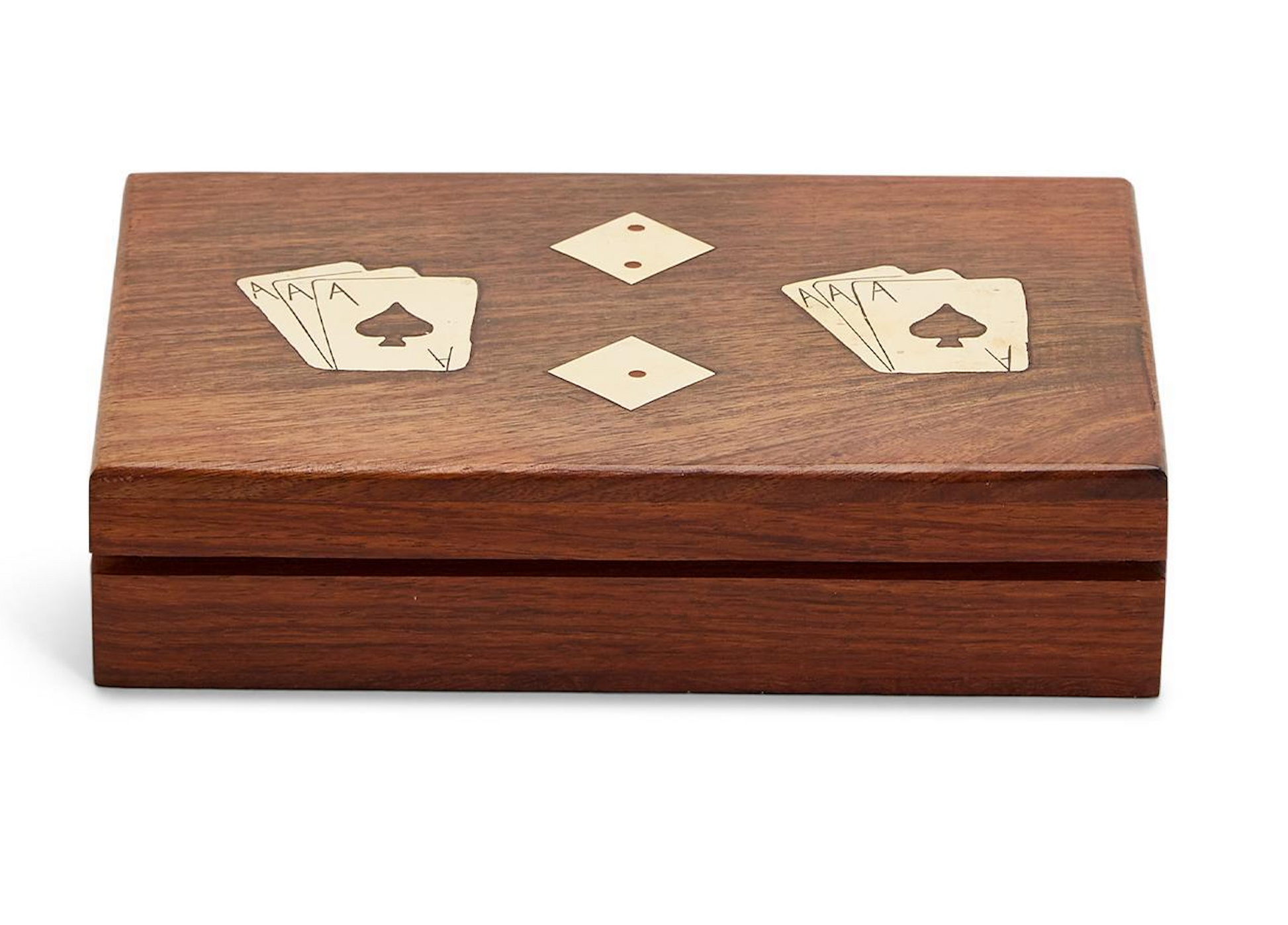 A Two's Company wooden box with inlaid brass playing card suits design on its lid.