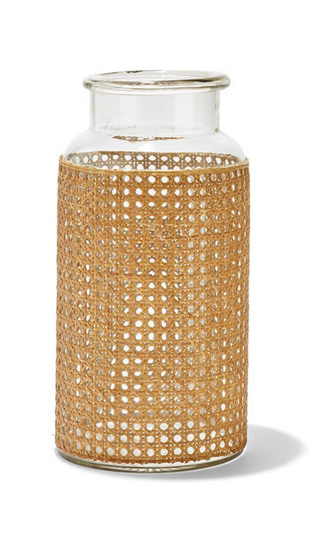 Introducing the Cane Webbing Glass Jar, Large by Two's Company— a 15" tall clear glass jar elegantly encircled with a woven rattan cover around the middle, adding a sophisticated touch of natural cane charm.