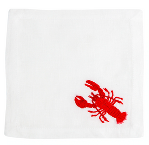 The Haute Home Red Lobster Coaster Set features coasters adorned with a hand-embroidered red lobster design in one corner.