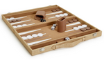 The Two's Company Terra Cane Backgammon Game Set includes white and brown checkers, dice, dice cups, and a woven board with a handle. Made from vegan leather by Two's Company, it combines style and sustainability for your board game adventures.