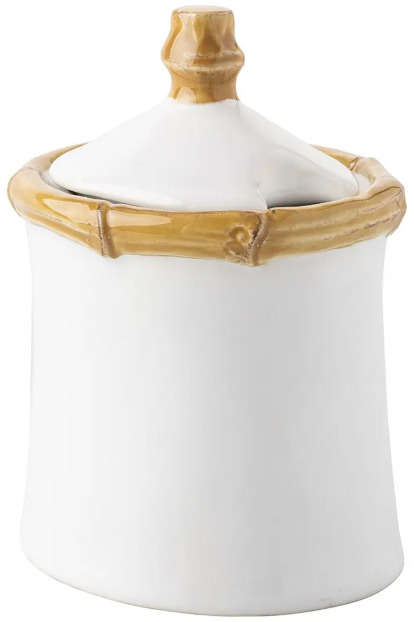 The Juliska Bamboo Lidded Sugar Bowl is a white ceramic bowl with tan bamboo accents on the rim and handle—ideal for elevating your morning coffee routine.