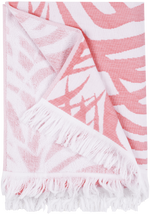 The Matouk Zebra Palm Beach Towel in Flamingo showcases a bold, abstract zebra-striped pattern in pink and white, artfully displayed to reveal both sides.
