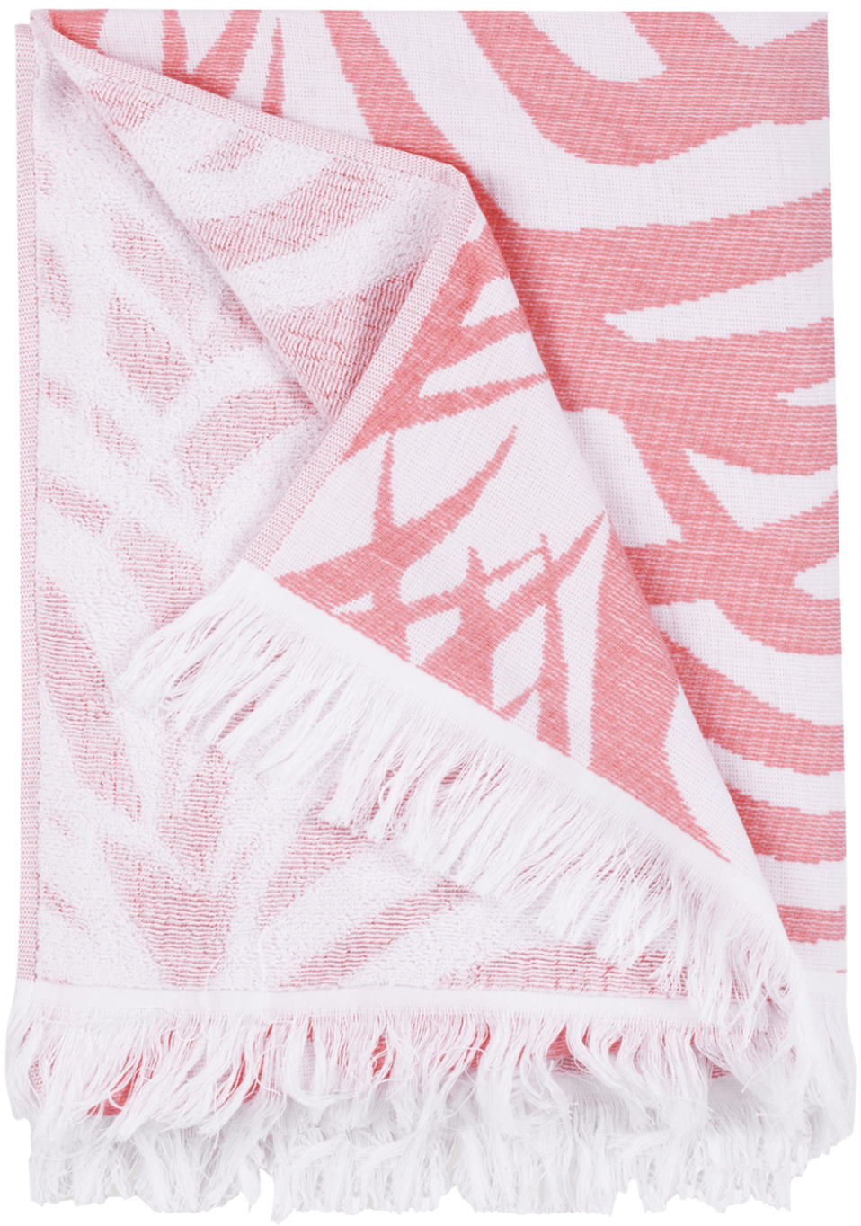 The Matouk Zebra Palm Beach Towel in Flamingo showcases a bold, abstract zebra-striped pattern in pink and white, artfully displayed to reveal both sides.