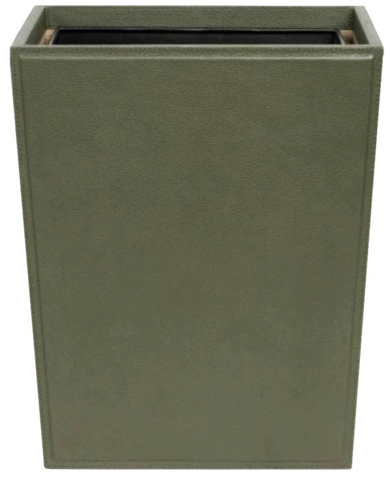 The Asby Forest Leather Rectangular Wastebasket by Pigeon & Poodle features a green, leather-textured exterior, open top, and includes a black liner.