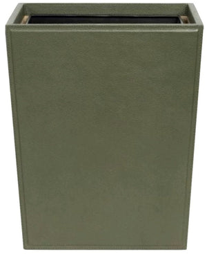 The Asby Forest Leather Rectangular Wastebasket by Pigeon & Poodle features a green, leather-textured exterior, open top, and includes a black liner.