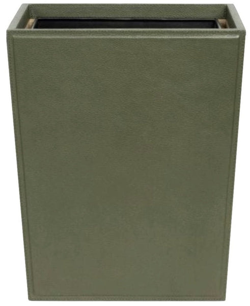 Pigeon & Poodle Asby Rec Wastebasket in Forest Leather: An empty, rectangular, olive green trash bin made of full-grain leather-like material.