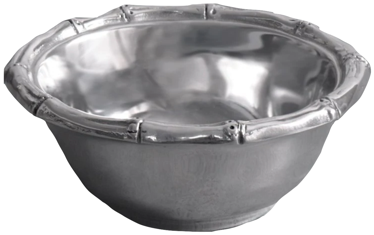 The Beatriz Ball Garden Bamboo Small Bowl features a shiny metallic finish with a raised bamboo-inspired rim and measures 6 x 6 x 2.5 inches—ideal for elegant table settings or home décor.