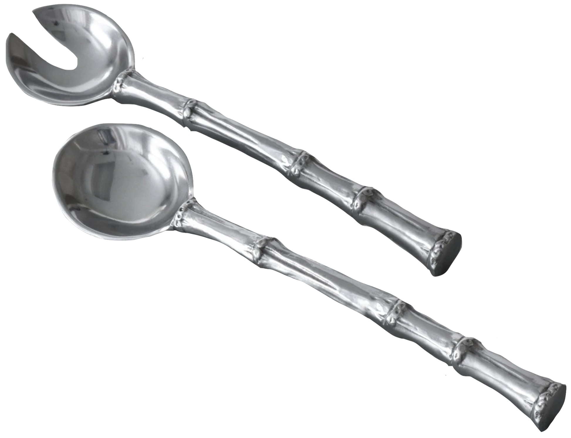 The Beatriz Ball Garden Bamboo Salad Servers are metal salad servers with textured, bamboo-inspired handles—a decorative set including a spoon and fork, perfect for pairing with your bamboo bowl.