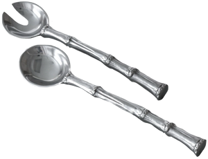 The Beatriz Ball Garden Bamboo Salad Servers are metal salad servers with textured, bamboo-inspired handles—a decorative set including a spoon and fork, perfect for pairing with your bamboo bowl.