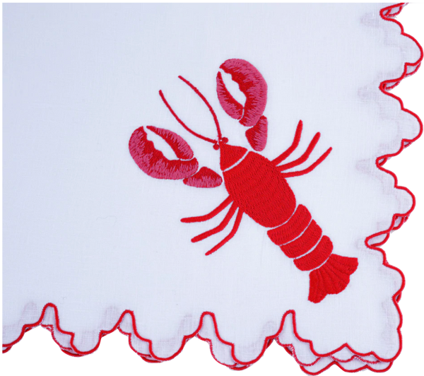A white linen July Lobster Napkin, Red by Haute Home with red scalloped edges, featuring an embroidered red lobster design in the corner, perfectly sized at 22" x 22".