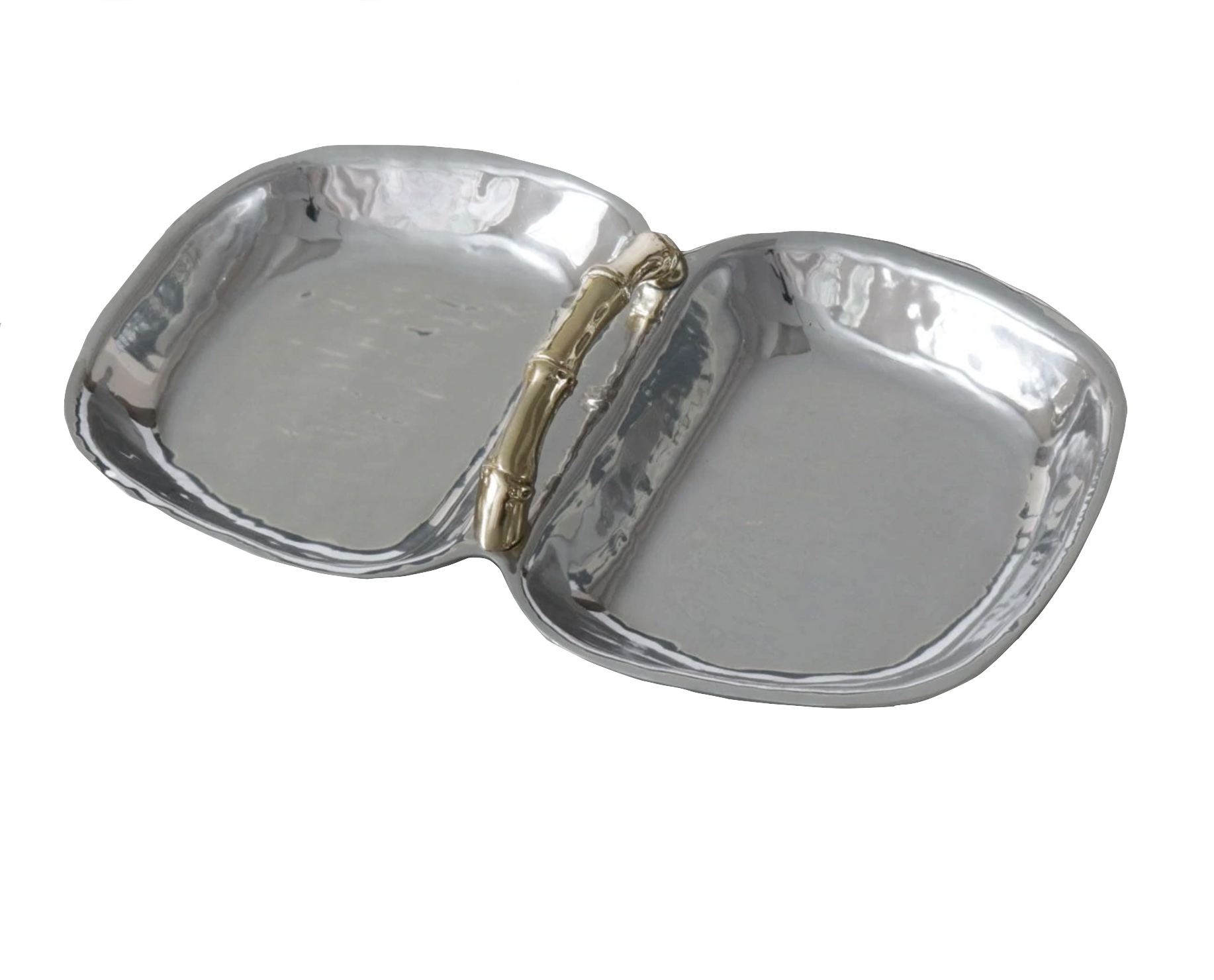 The Beatriz Ball Garden Bamboo Double Dip Tray with Gold Handles features two hand-polished silver sections and a central gold handle, beautifully displayed against a solid black background.