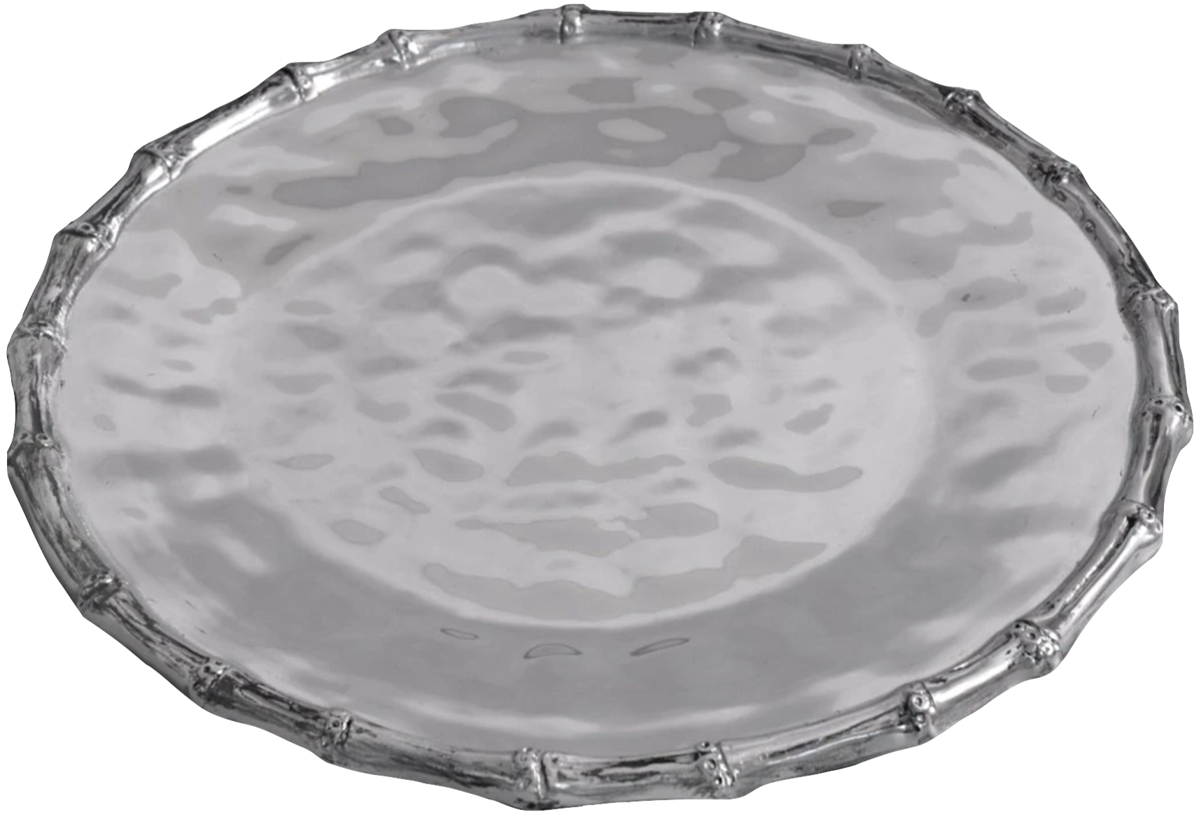 The Beatriz Ball Garden Bamboo Round Tray features a hammered silver texture and decorative ridged edge, making it perfect for serving or adding elegance to your table.