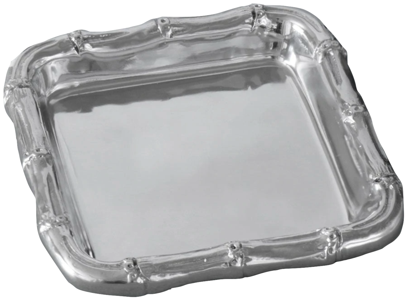 The Beatriz Ball Garden Bamboo Cocktail Napkin Holder is a square, sand-cast silver tray featuring a raised bamboo-patterned edge and shiny surface—an elegant choice for holding cocktail napkins.