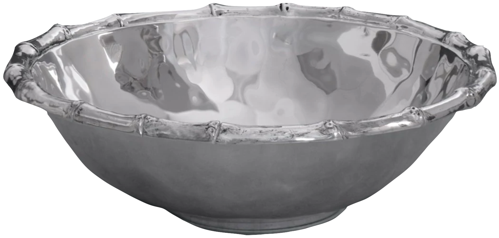 The Beatriz Ball Garden Bamboo Salad Bowl features a shiny metallic finish, smooth surface, and raised rim inspired by bamboo segments—ideal for serving snacks or salads.