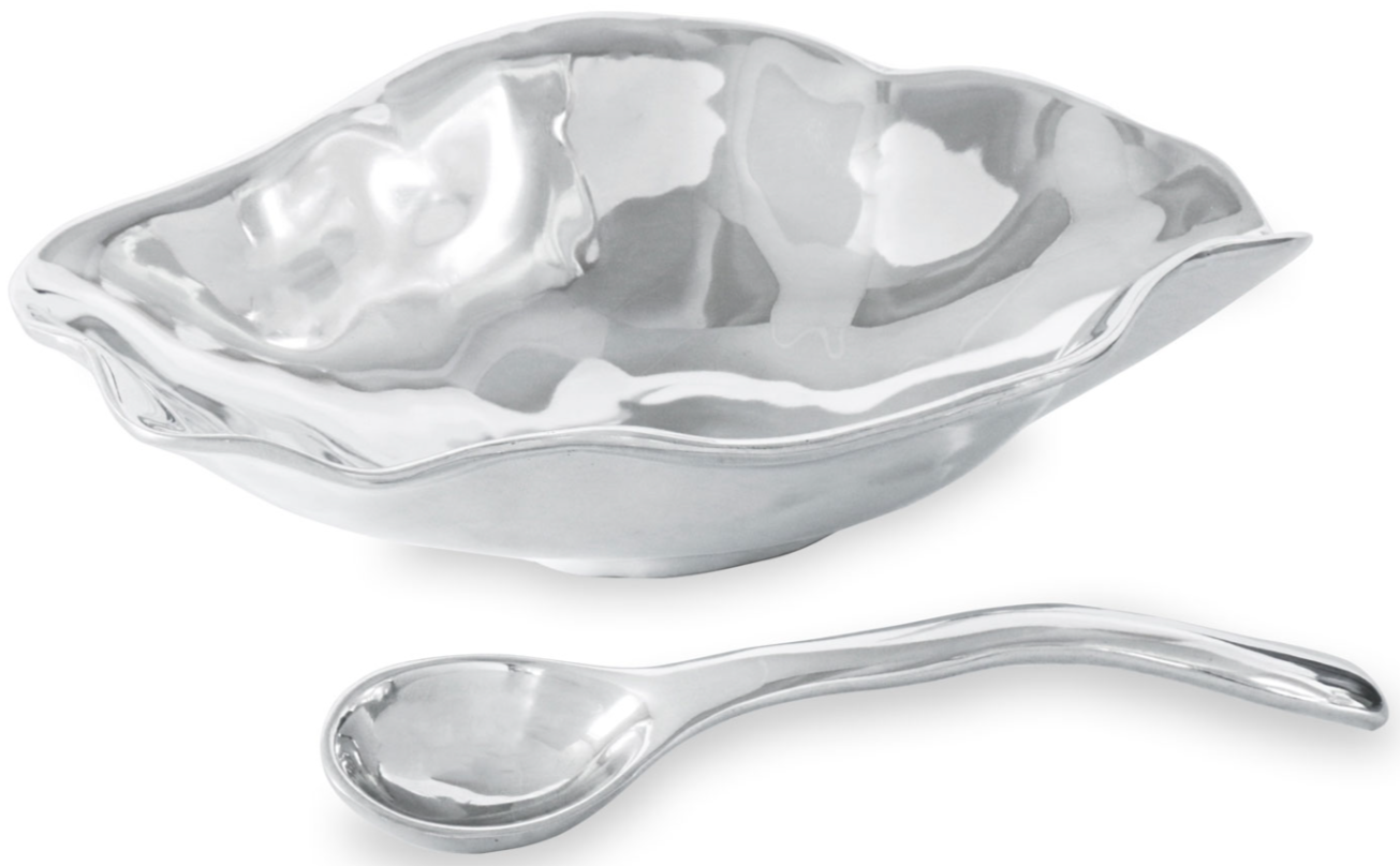 The Beatriz Ball Vento Claire Medium Bowl with Spoon features a wavy-edged, shell-inspired design and includes a matching curved metal spoon—ideal for serving in style at gatherings.