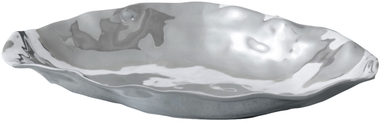 The Beatriz Ball Vento Claire Medium Platter is a hand-polished, irregularly shaped metal serving piece with a wavy rim and a striking metallic silver, brilliantly reflective finish.