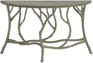 The Hidcote Console Table by Currey and Company features a semi-circular design with an artistic base resembling tree branches, making it a perfect ergonomic addition to your home office furniture collection.