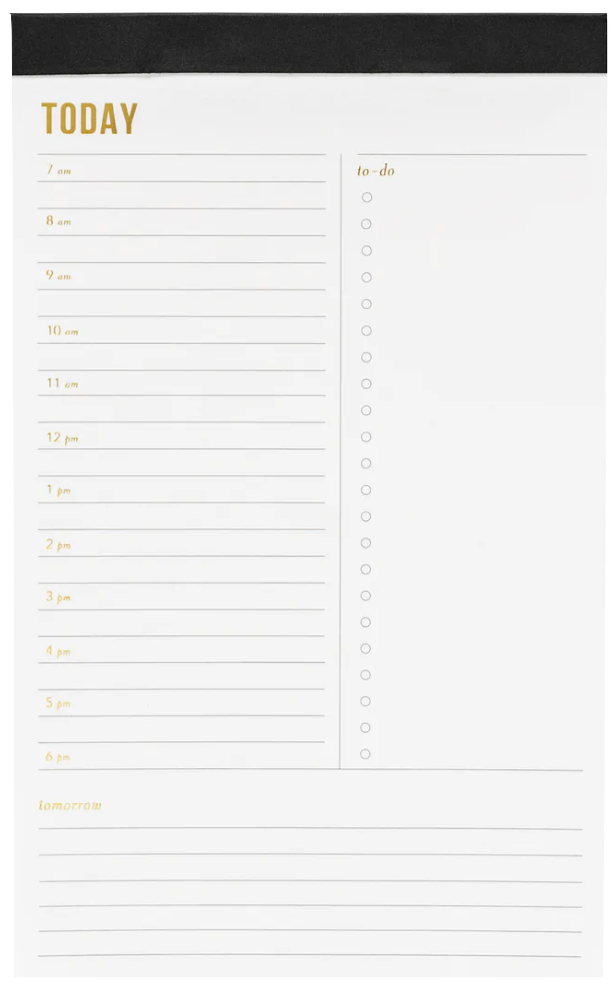 The "Day" Black Pad by Sugar Paper is a daily list pad with hourly slots from 7am–6pm, convenient to-do checkboxes, and a "tomorrow" section at the bottom for next-day planning.
