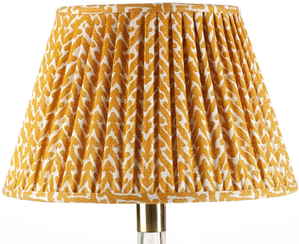 A Fermoie Rabanna Lamp Shade in Yellow and white with a linen fabric base, by John Rosselli.