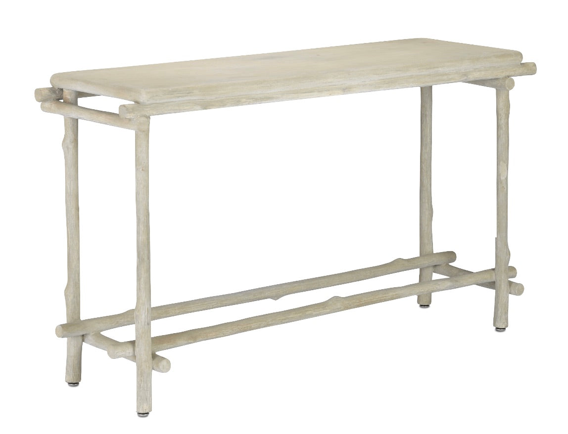 The Luzon Console Table by Currey and Company features a light wood finish with a rustic, minimalist design, showcasing a plank top and branch-like legs over its 52" form.
