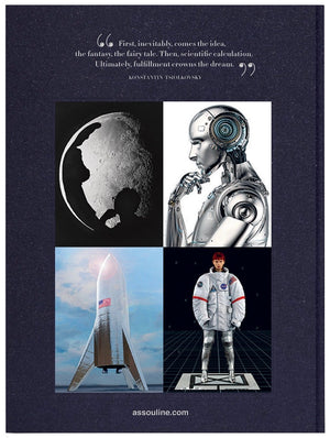 A collage features the mysterious moon, a humanoid robot, a spacecraft, and a person in a spacesuit with a quote about imagination and science by Konstantin Tsiolkovsky at the top from Moon Paradise by Assouline.
