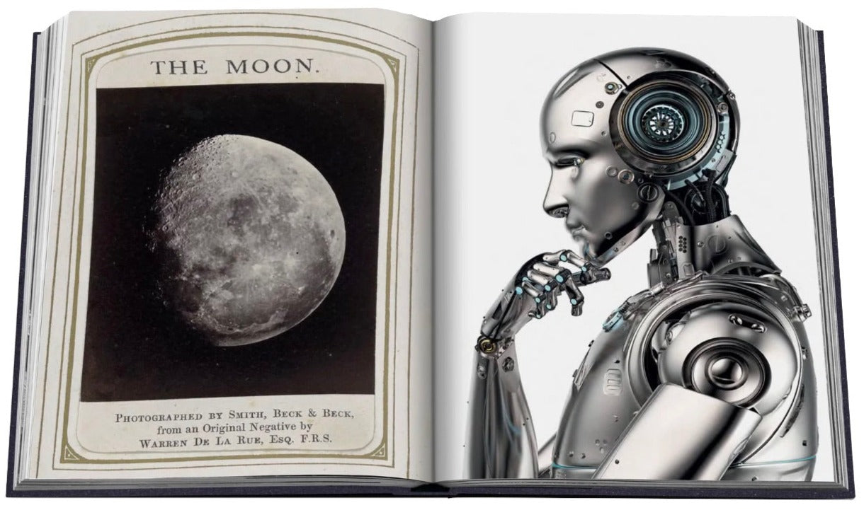 An open book reveals the mystery of the Moon on one page and a reflective humanoid robot on the adjacent page, inviting readers into a world of discovery in Moon Paradise by Assouline.
